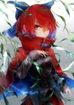  1girl absurdres bangs black_shirt blue_bow bow cloak cowboy_shot gradient gradient_background grey_background hair_between_eyes hair_bow highres leaf light_particles long_sleeves looking_at_viewer red_eyes red_skirt redhead safutsuguon sekibanki shirt short_hair skirt solo standing touhou 