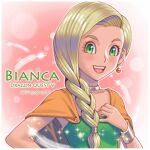  1girl alternate_eye_color bianca_(dq5) blonde_hair blush bracelet braid breasts cape character_name choker copyright_name dragon_quest dragon_quest_v earrings feathers green_eyes hair_over_shoulder highres jewelry long_hair medium_breasts open_mouth orange_cape single_braid smile solo user_wvya4344 