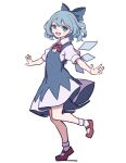  1girl :d blue_bow blue_eyes blue_hair blush_stickers bow cirno collared_shirt detached_wings fairy full_body hair_between_eyes hair_bow highres ice ice_wings kame_(kamepan44231) one-hour_drawing_challenge open_mouth outstretched_arms puffy_short_sleeves puffy_sleeves red_footwear round_teeth shirt shoes short_hair short_sleeves simple_background smile socks solo spread_arms teeth touhou upper_teeth white_background white_legwear white_shirt wings 