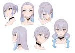  1girl :t alternate_hairstyle black_choker blue_eyes blush braid choker closed_mouth crown_braid gradient_hair ikuchan_kaoru ikuchan_kaoru_(character) indie_virtual_youtuber long_hair looking_at_viewer making-of_available mole mole_under_eye multicolored_hair multiple_views open_mouth parted_lips short_hair simple_background smile twin_braids twintails white_background 
