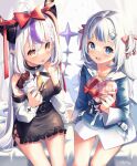  2girls :d :p ahoge ascot bangs black_dress blue_dress blue_eyes blue_hair blue_nails blush bow box bra brown_eyes chocolate commentary demon_horns dress english_commentary fish_tail food gawr_gura hair_bow hair_ornament hair_ribbon hand_on_another&#039;s_hand heart heart-shaped_box heart_hair_ornament highres holding holding_box holding_chocolate holding_food holding_heart hololive hololive_english horns kuri_(animejpholic) la+_darknesss long_hair long_sleeves looking_at_viewer multicolored_hair multiple_girls nail_polish purple_hair red_bow red_ribbon ribbon shark_tail sharp_teeth silver_hair simple_background smile streaked_hair tail teeth tongue tongue_out two_side_up underwear very_long_hair virtual_youtuber yellow_ascot 