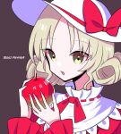  1girl apple bangs blonde_hair bow brown_background collared_dress curly_hair dress elly_(touhou) eyebrows_visible_through_hair food fruit hat hat_bow holding holding_food holding_fruit kumeri0804 long_sleeves open_mouth parted_bangs red_bow red_dress red_ribbon ribbon ribbon_trim simple_background sun_hat touhou touhou_(pc-98) upper_body yellow_eyes 