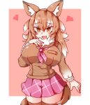  1girl animal_ears blush breast_pocket breasts brown_hair empty_eyes eyebrows_visible_through_hair fang fur_collar hand_on_own_chest haruirokomici heart highres japanese_wolf_(kemono_friends) kemono_friends large_breasts multicolored_hair nail_polish neckerchief nose_blush open_mouth plaid_neckerchief pocket skirt solo tail thigh-highs two-tone_hair white_hair wolf_ears wolf_girl wolf_tail zettai_ryouiki 