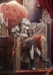  1girl absurdres arknights ascot bangs black_ascot black_dress brown_eyes commentary_request dress great_sword hand_on_hilt highres horns long_sleeves looking_at_viewer meganeno_dokitsui rose_petals silver_hair sitting solo sword tagme tail talulah_(arknights) throne weapon 