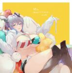  1girl animal_ears bikini blue_eyes boots border breasts brown_footwear closed_mouth commission dog_ears gradient_hair huge_breasts ikuchan_kaoru_(character) indie_virtual_youtuber knee_boots looking_at_viewer multicolored_hair navel o-ring o-ring_bikini o-ring_top purple_hair rabbit reclining sankomichi second-party_source skeb_commission solo swimsuit white_border yellow_background 