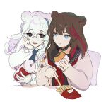  2girls :t animal_ears arknights bear_ears bear_girl black_collar blue_hair blue_necktie brown_hair burger chair closed_mouth collar cup dal-gi disposable_cup drinking_straw eating food french_fries hair_between_eyes highres holding holding_cup holding_food long_hair long_sleeves multicolored_hair multiple_girls necktie parted_lips pink_hair redhead rosa_(arknights) streaked_hair upper_body zima_(arknights) 
