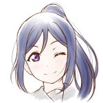  1girl anibache bangs birthday blue_hair blush commentary eyebrows_visible_through_hair high_ponytail long_hair looking_at_viewer love_live! love_live!_sunshine!! matsuura_kanan one_eye_closed ponytail portrait school_uniform sidelocks smile solo uranohoshi_school_uniform violet_eyes white_background 