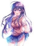  1girl :d aicedrop backlighting bangs blue_skirt blush breasts commentary cowboy_shot doki_doki_literature_club hair_between_eyes hair_ornament hairclip large_breasts long_hair looking_at_viewer neck_ribbon open_mouth pleated_skirt purple_hair red_ribbon ribbon school_uniform shirt short_sleeves simple_background skirt skirt_hold smile solo very_long_hair vest violet_eyes white_background white_shirt yuri_(doki_doki_literature_club) 