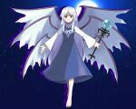  angel asatsuki_(fgfff) barefoot blue_dress blue_hair closed_mouth collared_shirt dress full_body full_moon happy holding holding_staff long_dress long_hair long_sleeves moon multiple_wings night night_sky red_eyes sariel_(touhou) seraph shirt sky smile staff touhou touhou_(pc-98) very_long_hair white_shirt wide_sleeves wings 