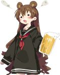  1girl alcohol animal_ears bangs bear_ears beer beer_mug black_dress black_sailor_collar blush brown_hair cup dress eyebrows_visible_through_hair foam_mustache hair_between_eyes holding holding_cup karei long_hair long_sleeves mug neckerchief red_neckerchief sailor_collar sailor_dress simple_background sleeves_past_wrists solo tsukuyomi_ai very_long_hair voiceroid white_background 