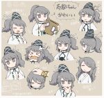  &gt;o&lt; 1girl =_= akikaze_cp bangs blush character_print grey_eyes grey_hair hand_on_own_cheek hand_on_own_face hands_in_opposite_sleeves happy hat headpat japanese_clothes jar kariginu long_hair mononobe_no_futo multiple_views musical_note open_mouth petting ponytail ribbon ribbon-trimmed_sleeves ribbon_trim simple_background sleepy smile smirk sweatdrop talisman tate_eboshi thinking touhou toyosatomimi_no_miko translation_request two-tone_background whistling wrist_cuffs 