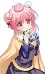  1girl :3 alchemist_(ragnarok_online) bangs blue_sleeves blush bow breasts brown_cape cape commentary_request cowlick detached_sleeves double_bun dress eyebrows_visible_through_hair eyes_visible_through_hair fur_collar furukawa_lemon gift grey_dress hair_between_eyes hair_bow heart highres holding holding_gift looking_at_viewer medium_breasts open_mouth pink_eyes pink_hair poring ragnarok_online red_bow short_hair slime_(creature) strapless strapless_dress upper_body white_background 
