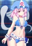  1girl bare_shoulders bikini blue_bikini breasts hat highres hip_focus kagayama_hajime large_breasts looking_at_viewer pink_eyes pink_hair saigyouji_yuyuko side-tie_bikini smile solo spirit swimsuit touhou touhou_tag_dream wrestling_ring wrist_cuffs 