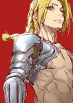  1boy braid closed_mouth edward_elric fullmetal_alchemist highres ikuchan_kaoru long_hair looking_at_viewer male_focus mechanical_arms prosthesis prosthetic_arm red_background simple_background single_braid single_mechanical_arm sketch solo topless_male upper_body yellow_eyes 