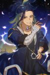  1boy adaman_(pokemon) arm_wrap blue_coat blue_hair brown_eyes coat collar collarbone commentary_request eyebrow_cut green_hair hand_on_hip hand_up highres long_hair looking_at_viewer male_focus nai_gai_hongcha parted_lips pokemon pokemon_(game) pokemon_legends:_arceus smile solo 