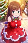  1girl alternative_girls arms_behind_back bag bow brown_hair candy candy_cane christmas christmas_tree dress eyebrows_visible_through_hair food green_bow green_eyes highres hirose_koharu holding holding_bag long_hair looking_at_viewer official_art open_mouth outdoors red_dress solo star_(symbol) 
