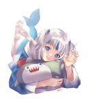  1girl barefoot blue_hair commentary feet fish_tail gawr_gura hako_sketch highres hololive hololive_english looking_at_viewer multicolored_hair nail nail_polish shark_tail soles solo streaked_hair stuffed_animal stuffed_shark stuffed_toy tail toes white_hair 