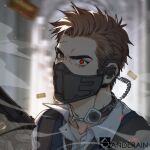  1boy anderain artist_name blue_vest brown_eyes brown_hair collar collared_shirt gun heterochromia holding holding_gun holding_weapon looking_at_viewer male_focus mask mole mole_under_eye mouth_mask multicolored_eyes original red_eyes shirt short_hair solo upper_body vest weapon white_shirt 