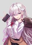  1girl azur_lane bag belfast_(azur_lane) bow braid breasts cellphone clothes_around_waist eyebrows_visible_through_hair french_braid grey_hair highres jacket jacket_around_waist phone red_bow school_bag school_uniform schreibe_shura skirt smartphone tongue tongue_out 