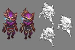  1boy armor brown_hair concept_art full_body glowing glowing_eye grey_background hair_over_one_eye hood hood_up kennen league_of_legends looking_at_viewer male_focus multicolored_hair multiple_views ninja rope shoulder_armor simple_background vladbacescu yordle 