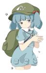  1girl backpack bag beads blue_eyes blue_hair closed_mouth collared_shirt flat_chest green_headwear hair_beads hair_ornament hat highres iroha-kuro jaggy_lines kawashiro_nitori key medium_hair own_hands_together pocket shirt short_sleeves short_twintails solo touhou twintails white_background 