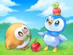  apple applin blue_eyes brown_hair closed_mouth clouds commentary_request day food fruit grass highres looking_up no_humans on_head open_mouth outdoors piplup pokemon pokemon_(creature) pokemon_on_head rowlet sky toneko tongue 