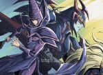  2boys armor artist_name blue_skin colored_skin dark_magician duel_monster feet_out_of_frame gaia_the_fierce_knight highres holding holding_polearm holding_staff holding_weapon horseback_riding looking_at_viewer looking_to_the_side mage_staff magician male_focus multiple_boys pauldrons pelvic_curtain polearm purple_hair riding shoulder_armor soya_(sys_ygo) spiked_helmet staff weapon yu-gi-oh! yu-gi-oh!_duel_monsters 