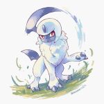  absol animal_focus bright_pupils claws commentary_request grass highres kotone11152 looking_to_the_side no_humans pokemon pokemon_(creature) red_eyes solo standing twitter_username white_fur white_pupils 