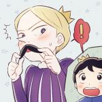  ! 2boys blonde_hair blush bojji bright_pupils brothers commentary_request crown daida facial_hair hands_up long_sleeves male_focus mini_crown multiple_boys mustache nikomi_(nikomix) ousama_ranking purple_tunic shared_speech_bubble short_hair siblings sparkle speech_bubble spoken_exclamation_mark star_(symbol) sweatdrop violet_eyes 