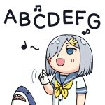  1girl alphabet blue_eyes commentary_request eighth_note grey_sailor_collar hair_ornament hair_over_one_eye hairclip hama!_(3toshinhmkz) hamakaze_(kancolle) index_finger_raised kantai_collection music musical_note neckerchief no_nose quarter_note sailor_collar school_uniform serafuku short_hair silver_hair simple_background singing solo stuffed_animal stuffed_shark stuffed_toy upper_body white_background yellow_neckerchief 