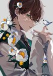  1boy bird blue_eyes brown_hair flower hair_flower hair_ornament highres long_sleeves looking_at_viewer male_focus necktie open_mouth original ponn_mame short_hair solo sugar_cube 