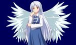  1girl angel angel_wings asatsuki_(fgfff) blue_background blue_dress blush breasts closed_mouth collared_shirt dress feathered_wings hand_on_own_face happy highres long_dress long_hair long_sleeves medium_breasts multiple_wings red_eyes sariel_(touhou) seraph shirt simple_background smile touhou touhou_(pc-98) very_long_hair white_hair white_wings wings 