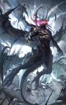  armor aura black_skin claws colored_skin creature creature_and_personification demon_horns demon_wings dragon dragon_horns flying fog horns magic monster no_humans open_mouth original rock scale_armor scales spikes takamutsu-art wings y-wing 