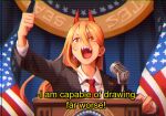  +_+ 1girl black_jacket blonde_hair breasts chainsaw_man clenched_hand demon_girl demon_horns formal horns jacket khyle. long_hair microphone necktie open_mouth podium power_(chainsaw_man) red_eyes red_horns red_necktie sharp_teeth shirt subtitled teeth television upper_body white_shirt 