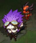  ... 1boy animal bangs belt black_collar black_eyes brown_belt brown_footwear brown_gloves closed_eyes closed_mouth collar concept_art dragon dragon_trainer_heimerdinger gloves goggles goggles_on_head heimerdinger league_of_legends long_hair looking_at_viewer looking_up pink_hair smile solo standing vladbacescu 