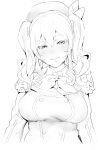  1girl absurdres breasts closed_mouth epaulettes greyscale hat head_tilt highres ikuchan_kaoru jacket kantai_collection kashima_(kancolle) large_breasts looking_at_viewer medium_hair monochrome simple_background sketch smile solo twintails upper_body white_background 
