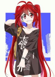  1girl alternate_costume alternate_hairstyle arm_behind_head backpack bag bangs black_shirt collarbone gucci headphones highres long_hair micha_jawkan off_shoulder red_eyes redhead senki_zesshou_symphogear sharp_teeth shirt smile solo stussy_(brand) tanashi_(mk2) teeth twintails v very_long_hair watch watch 