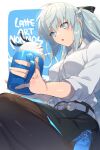  1girl bangs black_bow blue_eyes bow braid breasts echo_(circa) fate/grand_order fate_(series) french_braid grey_hair hair_bow large_breasts long_hair morgan_le_fay_(fate) ponytail sidelocks thighs very_long_hair 