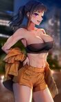  1girl abs absurdres bandeau bangs bare_shoulders blunt_bangs blurry blurry_background breasts building clothes_writing collarbone commentary cowboy_shot en&#039;en_no_shouboutai eyebrows_visible_through_hair foxyreine hand_on_hip highres jacket large_breasts looking_at_viewer maki_oze navel night night_sky orange_jacket orange_shorts outdoors patreon_logo ponytail short_shorts shorts signature sky skyscraper smile solo standing sweat thighs toned tree web_address 