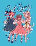  3girls :3 animal_ear_fluff animal_ears barefoot bell black_bow black_footwear black_ribbon blue_background blush bow braid brown_eyes brown_hair calico cat_ears chen choker claw_pose clenched_hand clenched_hands coin dotted_background dress earrings extra_ears floating_skull floral_print ghost gold_coin goutokuji_mike green_dress green_headwear highres hitodama jewelry kaenbyou_rin leg_ribbon mary_janes multicolored_hair multiple_girls neck_bell open_mouth patches patchwork_clothes paw_pose paw_print puffy_short_sleeves puffy_sleeves red_dress red_eyes redhead ribbon shoes short_hair short_sleeves signature simple_background single_earring skull smile touhou towne twin_braids white_bow 