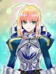  1girl absurdres ahoge armor armored_dress artoria_pendragon_(fate) bangs blonde_hair blue_dress blue_ribbon braid braided_bun closed_mouth cropped_legs cropped_torso dress eyebrows_visible_through_hair fate/grand_order fate/stay_night fate_(series) from_behind green_eyes hair_between_eyes hair_ribbon highres ribbon rucca saber simple_background solo tied_hair upper_body 