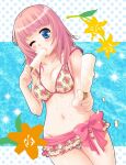  1girl atelier_(series) atelier_totori blue_eyes breasts food highres long_hair looking_at_viewer medium_breasts navel one_eye_closed pink_hair pink_ribbon popsicle popsicle_in_mouth poyamu ribbon rororina_fryxell solo swimsuit 