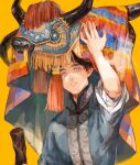 1boy arm_up black_hair blue_shirt commentary_request grey_eyes highres holding male_focus orange_background parted_lips shirt simple_background solo standing tagme tassel upper_body ziqing_(at_zes) 