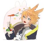  1boy animal_ears arknights bangs black_gloves blonde_hair carrot dal-gi fang fingerless_gloves food gloves hair_between_eyes highres holding holding_food jacket leonhardt_(arknights) male_focus open_mouth rabbit_boy rabbit_ears simple_background skin_fang solo star_(symbol) upper_body 
