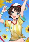  1girl absurdres arms_up flower highres hololive midriff oozora_subaru shirt short_sleeves shyi solo stopwatch_around_neck striped striped_shirt sunflower tied_shirt upper_body vertical-striped_shirt vertical_stripes virtual_youtuber whistle whistle_around_neck wristband yellow_flower 