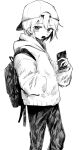  1girl :o backpack backwards_hat bag baseball_cap cellphone cowboy_shot greyscale hand_in_pocket hat highres holding holding_phone hood hoodie idolmaster idolmaster_cinderella_girls looking_at_viewer monochrome phone short_hair simple_background solo toya_0321 yuuki_haru 