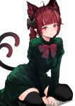  1girl :3 absurdres animal_ear_fluff animal_ears arm_support bangs black_bow black_legwear blunt_bangs blush bow bowtie braid breasts cat_ears cat_tail closed_mouth commentary dress eyebrows_behind_hair fingernails full_body green_dress hair_bow highres kaenbyou_rin kneeling large_breasts leaning_forward long_hair multiple_tails nekomata onion_(onion_and_pi-natto) red_bow red_bowtie red_eyes redhead simple_background solo tail thigh-highs touhou tsurime twin_braids two_tails v_arms white_background 