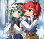  2girls ;d asymmetrical_hair balance_scale bangs black_gloves black_scarf blue_eyes blue_gloves blue_headwear blurry blurry_background closed_mouth eyebrows_visible_through_hair flying_sweatdrops frilled_hat frills gloves green_eyes hair_bobbles hair_ornament hat long_sleeves looking_at_another looking_at_viewer multiple_girls obi one_eye_closed onozuka_komachi open_mouth outdoors outline own_hands_together pointing red_eyes sash scarf shiki_eiki smile spam_(spamham4506) touhou two_side_up weighing_scale white_outline white_scarf wide_sleeves 