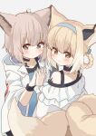  2girls absurdres ahoge animal_ears arknights bangs bare_shoulders blonde_hair blush brown_hair choker closed_mouth earpiece fox_ears fox_girl fox_tail gloves hairband highres holding_hands jacket multiple_girls multiple_tails open_clothes open_jacket oripathy_lesion_(arknights) ryoku_sui short_hair sussurro_(arknights) suzuran_(arknights) tail 