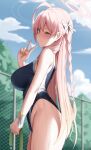  1girl absurdres ahoge ass blue_archive blurry blurry_background blush braid breasts day fence from_side green_eyes hair_tie halo hanako_(blue_archive) highres holding holding_hose hose large_breasts long_hair looking_at_viewer one-piece_swimsuit one_eye_closed outdoors pink_hair shengtian side_braid sky smile solo swimsuit v 